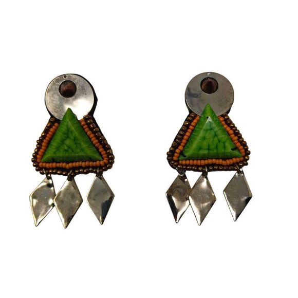 Vintage Geometric Dangle Earrings | Green Triangle with Silver & Orange Bead Acc - Picture 2 of 5